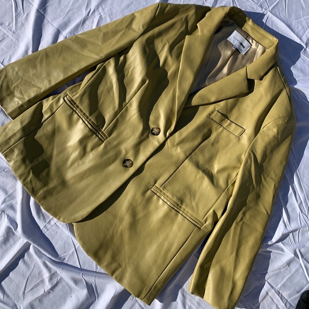 Fashionnova always profresh faux leather blazer in mustard.